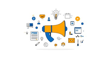 Poster - Sleek Depicting Digital Marketing Elements Like Megaphone Advertising Campaigns Mobile Marketing and Public Communication in a Thin Line Style