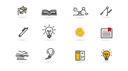 Poster - Thin line icons representing the themes of education knowledge and imagination  The icons include a book a light bulb and a globe