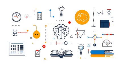 Poster - Minimalist icon set showcasing various symbols and elements related to knowledge education learning and intellectual pursuits including a book brain owl and creativity icons