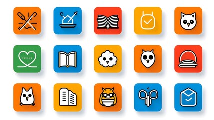 Aufkleber - Set of abstract icons designed with minimalist lines to represent knowledge education and intellectual concepts such as book brain owl and creativity
