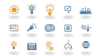 Aufkleber - Minimalist icon set featuring key knowledge elements like brain creativity book and globe with sleek thin line designs perfect for educational academic and imaginative digital visuals and graphics