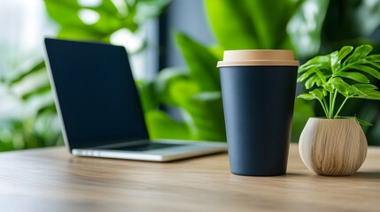 Poster - Stylish Reusable Coffee Cup Placed Alongside Laptop on a Clean Organized Modern Workspace Desk  Flat Lay Top View of Minimal Office or Coworking Space Setting