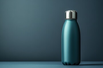 Teal water bottle with a silver lid on a blue surface.