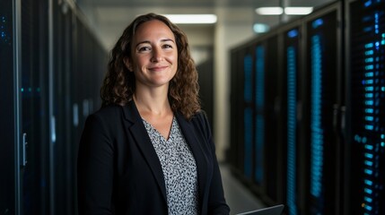 empowered woman it in control: confident female it professional in data center surrounded code and s