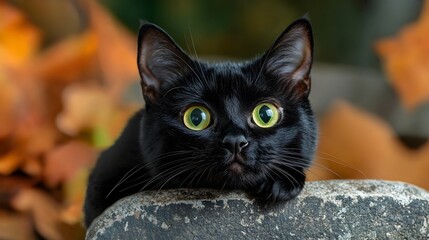 A spooky black cat with glowing green eyes sits solemnly on a tombstone in a misty atmospheric graveyard landscape  The scene has a haunting