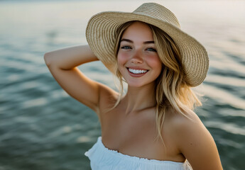 A beautiful woman in a white dress and straw hat smiles on the beach, enjoying her summer vacation.