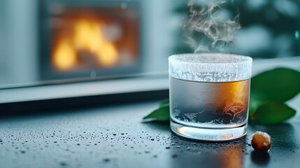 Aufkleber - Delicate intricate frost patterns beautifully framing a warm cozy fireplace scene creating a serene and captivating winter atmosphere