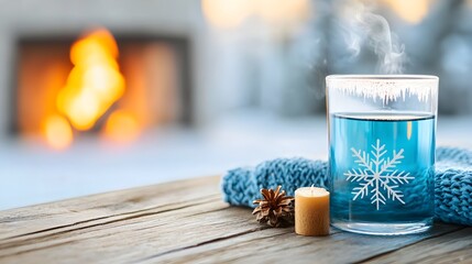 Aufkleber - Frost kissed window pane showcasing intricate patterns with a warm glowing fireplace visible in the background creating a cozy and tranquil winter scene