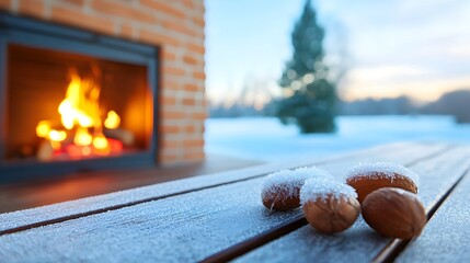 Poster - Intricate Frost Patterns Decorate a Window Framing the Warm Glow of a Cozy Fireplace in the Background Creating a Peaceful and Serene Winter Scene