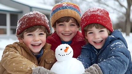 Aufkleber - Children having fun and working together to build a whimsical snowman in a snow covered backyard after the first big snowfall of the winter season