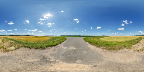 Wall Mural - spherical 360 hdri panorama on roadside of gravel road with clear clouds in thunderstorm front dark 