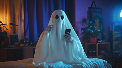 Funny halloween ghost in white sheet with black eyes in dark room talking on smartphone by video call, positive expression. Happy halloween spooky concept.