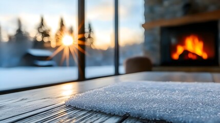Aufkleber - Mesmerizing frost patterns forming intricate crystalline designs on a window with a warm glowing fireplace casting a cozy ambiance in the background