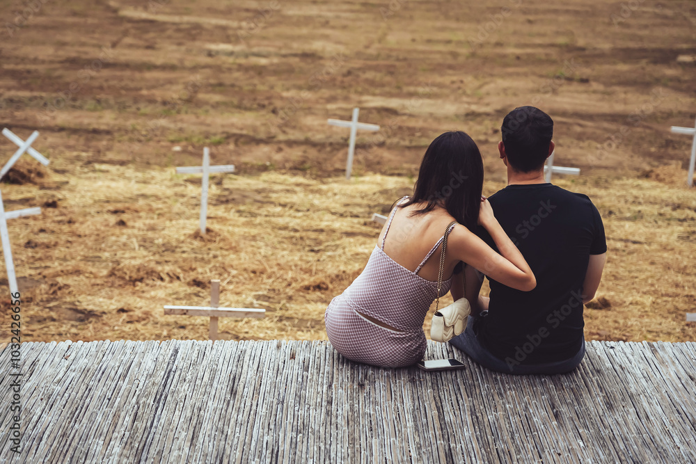 Sad couple sits and mourns the dead with blurred image of cemetery with ...
