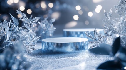Fototapete - A close-up shot of two round, silver podiums, seemingly made of metal, that are sitting on a white, sparkly surface. There are crystal leaves surrounding the podiums.