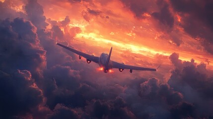 A plane flying through vibrant clouds during a dramatic sunset.