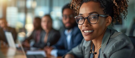 Wall Mural - A young African American businesswoman in glasses, a blazer, and four colleagues in formal wear at a meeting. Office setting with computers and documents. Confidence and professionalism.