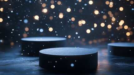 Aufkleber - Three round pucks sit in a dimly lit space, illuminated by a soft glow. Surrounding them are floating light particles, creating a serene and captivating atmosphere suitable for a nighttime setting.