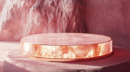 Fototapete - The circular platform emanates a soft glow, positioned in a serene setting surrounded by rocky formations. Warm hues highlight its edges, creating an inviting atmosphere in a tranquil environment.