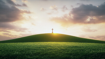 Wall Mural - hilly grassland with stairs to an ancient cross monument. Generative AI