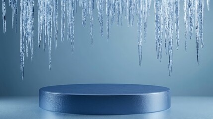 Fototapete - Icicles dangle from above in a cool-toned setting, dripping into an empty circular pedestal below, creating a tranquil atmosphere. The icy formations reflect light, enhancing the serene ambiance.