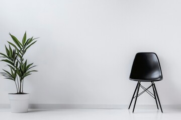 Black Chair and Green Plant in a Minimalist White Room