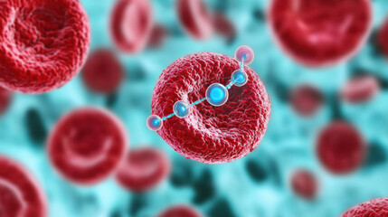 Close up view of red blood cells with molecular structures, showcasing intricate details