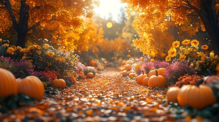 Fototapete - A picturesque pathway in a garden radiates with autumn colors, featuring pumpkins and a variety of blooming flowers under soft sunlight.