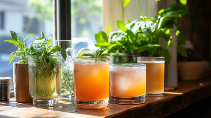 a refreshing scene featuring a variety of functional beverages, including cbd drinks displayed elega