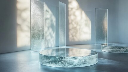 Leinwandbilder - Three glass panels stand in a minimalist setting, reflecting sunlight that casts patterns on the white wall. In front of them are three circular glass platforms.