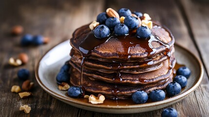 Wall Mural - A stack of chocolate pancakes topped with blueberries, nuts, and maple syrup on a wooden table.