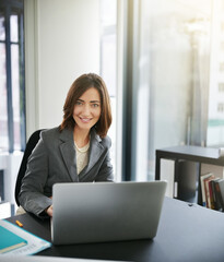 Poster - Business woman, portrait and laptop in office or corporate space as accountant in financial company. Female person, tech and pride with project, portfolio management and investment banking in economy