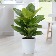 Lush green indoor plant in a modern white pot