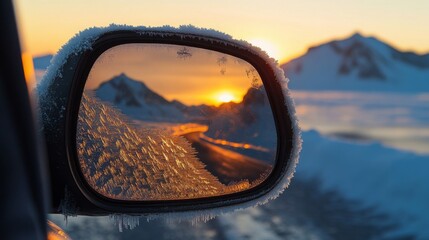 Poster - The side mirror of a vehicle displays frost and ice crystals, capturing the breathtaking colors of a sunrise. A winding road leads through a snow-covered landscape with distant mountains.