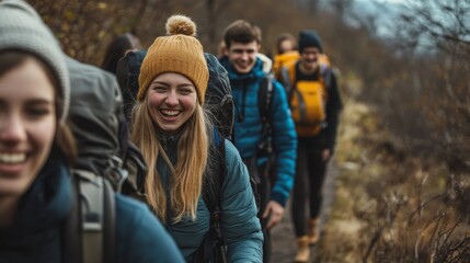 Group of friends hiking along a scenic trail, laughter and camaraderie evident