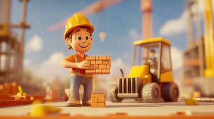 A cartoon worker on a construction site lifts a brick, with a forklift and tools behind him, symbolizing hard work and teamwork in a playful, vibrant setting.