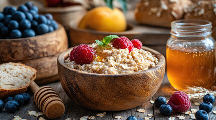 A wooden bowl filled with oat groats and surrounded by whole grain bread, fresh fruit, and a jar of honey, set on a rustic wooden table in a natural kitchen environment.