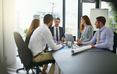 Fototapete - Manager, investor or corporate business people in meeting with group for feedback, discussion or teamwork. Financial, review or professional colleagues talking for news, advice and planning online