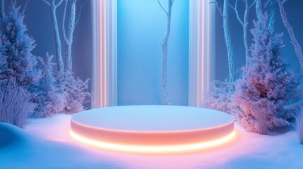 Poster - In a tranquil winter setting, a circular platform emanates a soft glow, surrounded by snow-laden trees and ethereal blue light. The peaceful atmosphere enhances the beauty of this serene landscape.