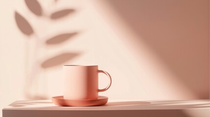 Pink coffee mug on a shelf in sunlight with leaf shadow, modern design adds style to home or cafe, perfect for cozy morning or relaxing break