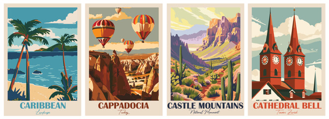 Cathedral Bell Towers Zurich, Castle Mountains National Monument, Cappadocia, Turkey, Caribbean Island landscape. Vintage Travel Poster. Vector illustration. High quality prints