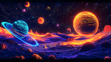 Wall Mural - neon black light sgraffito solar system 3d illustration