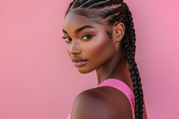 Black women with elegant braids and glowing skin on vibrant backdrops, ideal for luxury skincare or cosmetic promotions. Pink Background.