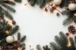 © Natalia - Christmas tree branches with soft lights, muted green and yellow, floating on a white background