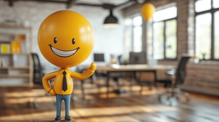 A joyful cartoon figure holds a balloon, celebrating in a cheerful office setting, symbolizing success, happiness, and team collaboration