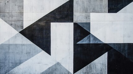 Wall Mural - Minimalist mural of overlapping squares and triangles in black white and gray tones