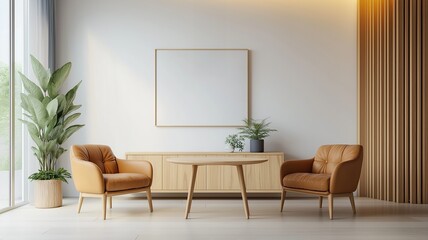 Wall Mural - Mid-Century Modern Dining Nook with Leather Chairs and Wooden Accents, Featuring a Mockup Frame for Artwork Display