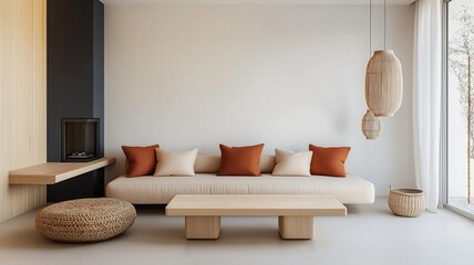 Wall Mural - Minimalist Living Room with Natural Wood Sofa and Earthy Accents