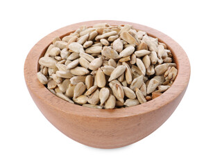 Wall Mural - Peeled sunflower seeds in wooden bowl isolated on white