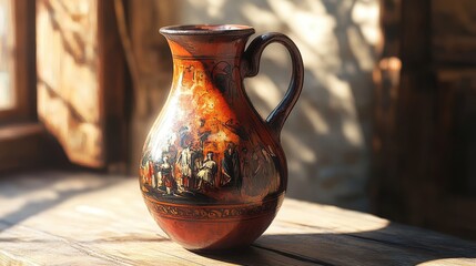 Wall Mural - Roman jug with wide spout painted scenes of daily life in red and black glossy finish natural light